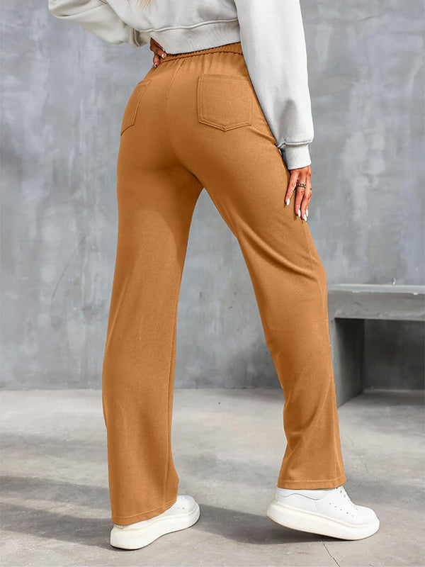 ⏳Solid color casual straight multi-pocket high elastic pants