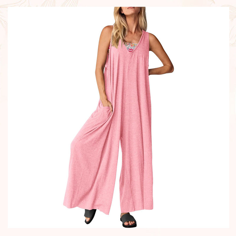 Jumpsuit til kvinder med V-hals og ærmer og brede ben