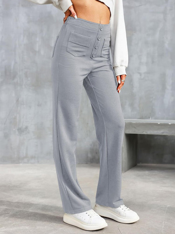 ⏳Solid color casual straight multi-pocket high elastic pants