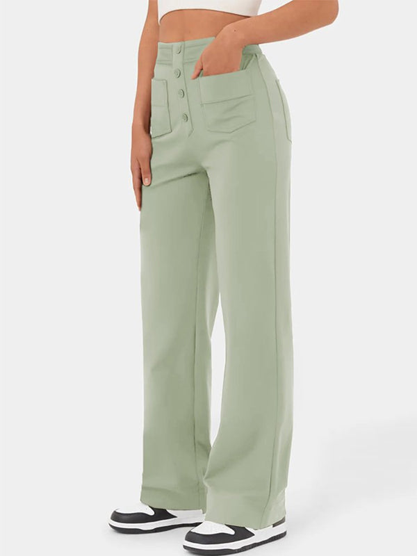 ⏳Solid color casual straight multi-pocket high elastic pants