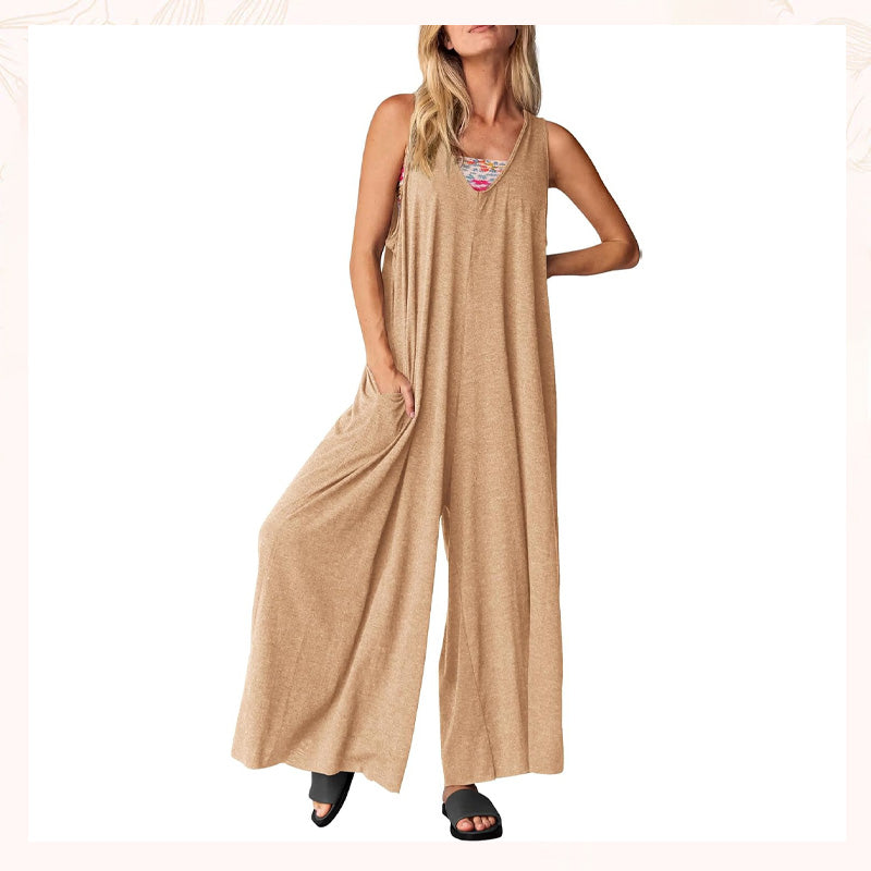 Jumpsuit til kvinder med V-hals og ærmer og brede ben