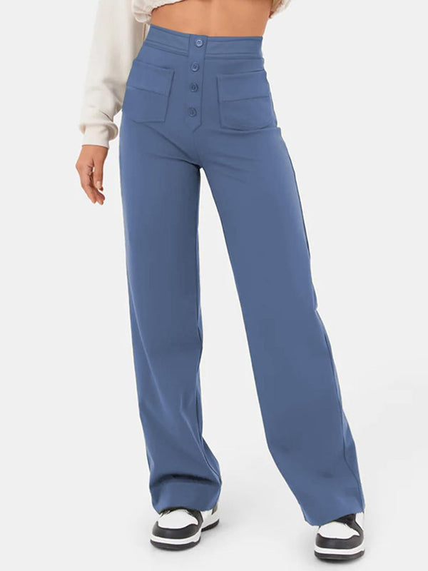⏳Solid color casual straight multi-pocket high elastic pants