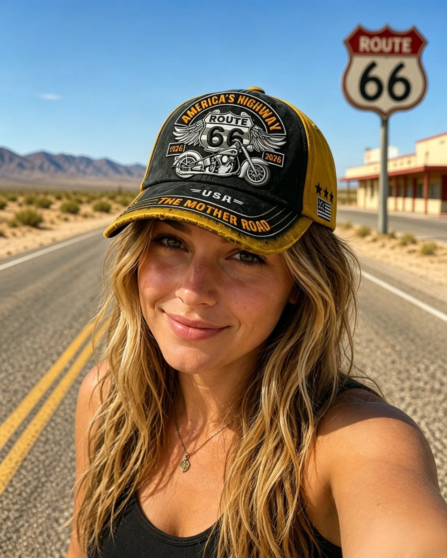 🏍️Casual baseballkasket med retro-motiv fra US Route 66 i anledning af 100-årsjubilæet