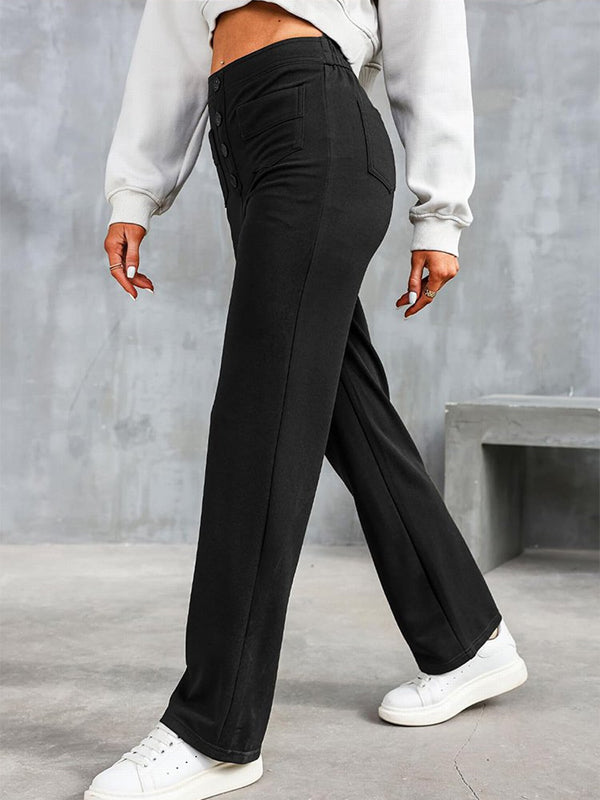 ⏳Solid color casual straight multi-pocket high elastic pants