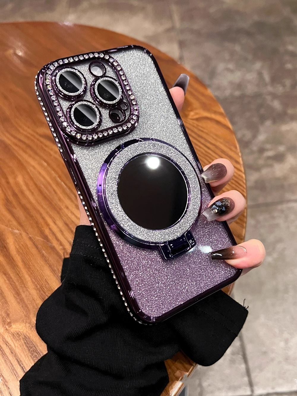 📲✨Gradient Glitter Holder Makeup Mirror Beskyttende etu