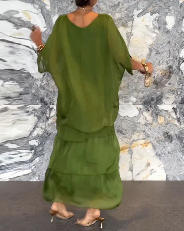 Artistic Loose Dress/ Chiffon Sleeveless Dolman Sleeve Round Neck Long Dress