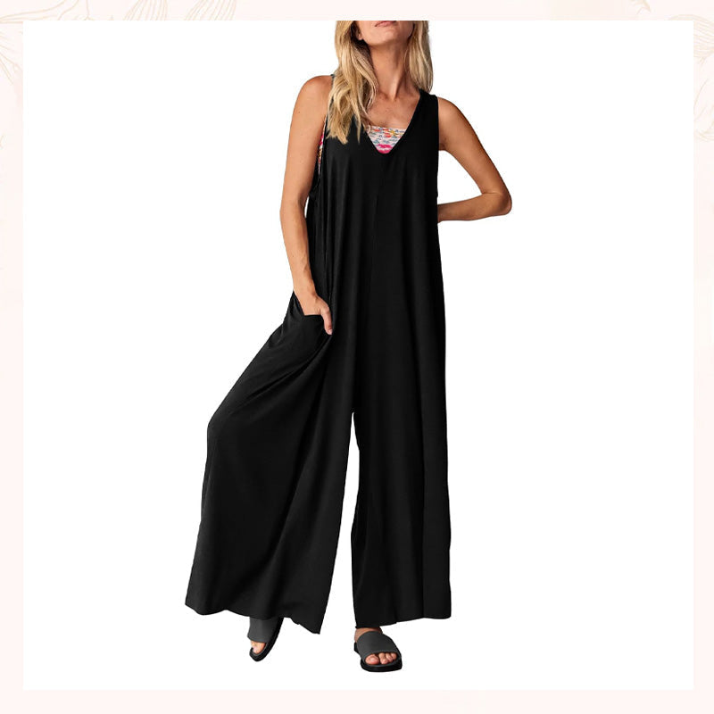 Jumpsuit til kvinder med V-hals og ærmer og brede ben