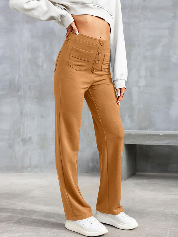 ⏳Solid color casual straight multi-pocket high elastic pants