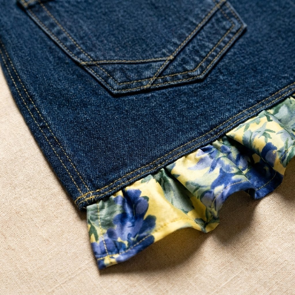 👖 Denim Echo Ruffle Apron – Upcycled Vintage Jean with Floral Lace 🌸 Sustainable Kitchen & Gardening Gift 🧑🌾♻️