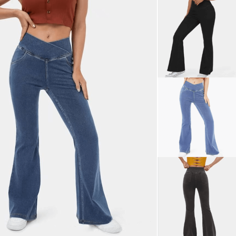 LAST DAY SALE 49% OFFđ„HĂžj talje med krydsede lommer Stretchy strikkede casual flare jeans