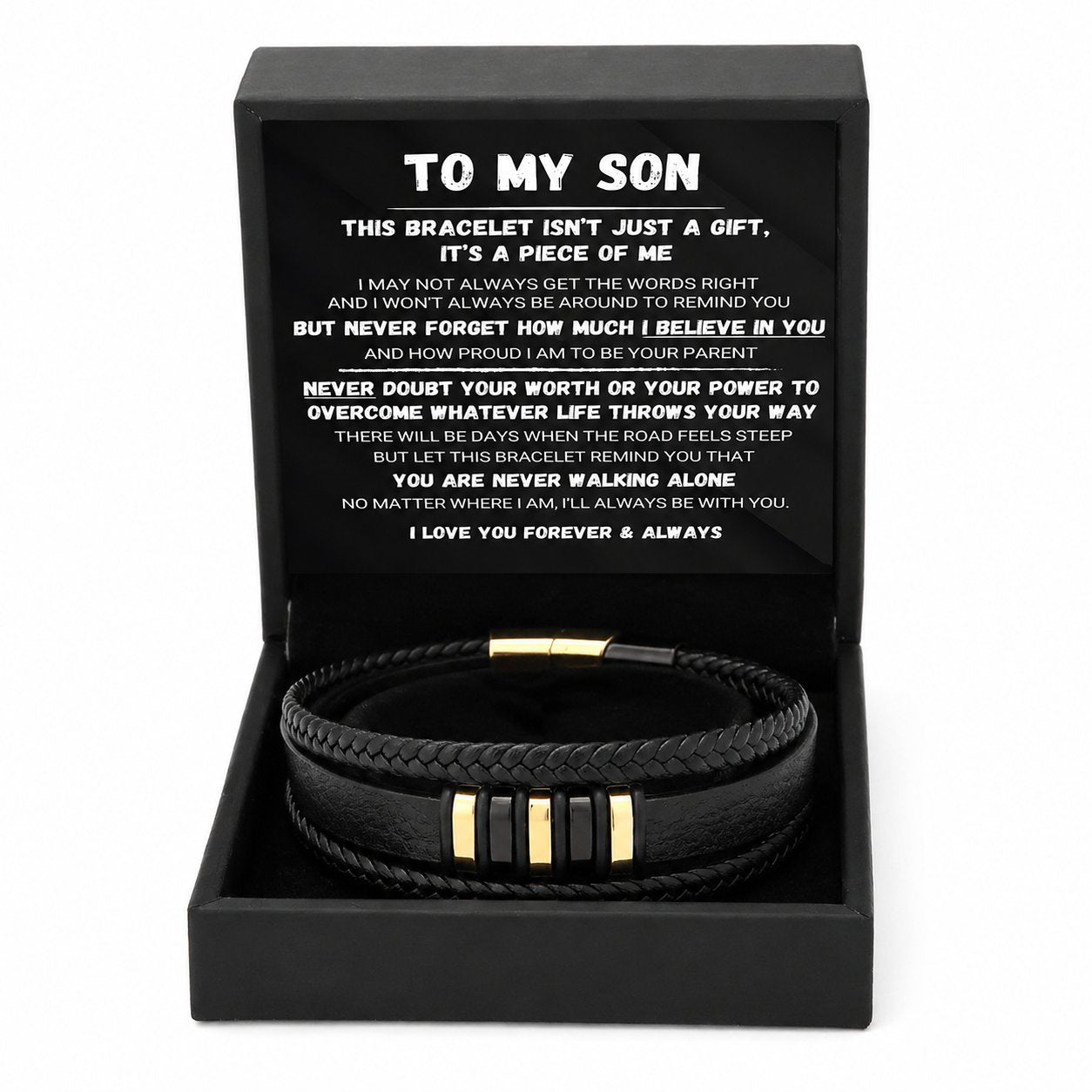 Til min søn — »Never Walk Alone«-sæt med flettede armbånd 🖤