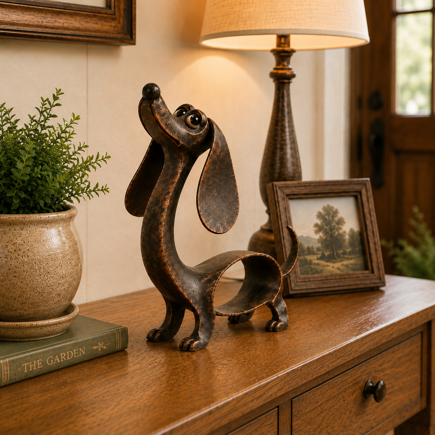 🐶✨ Antik bronze-dachshund-vedhæng — metalskulptur til hjemmet og haven