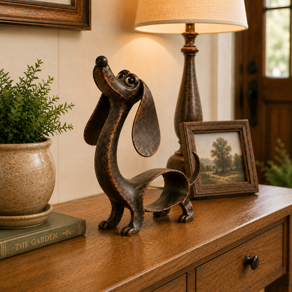 🐶✨ Antik bronze-dachshund-vedhæng — metalskulptur til hjemmet og haven