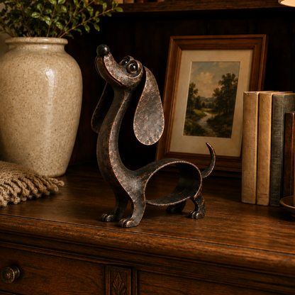 🐶✨ Antik bronze-dachshund-vedhæng — metalskulptur til hjemmet og haven