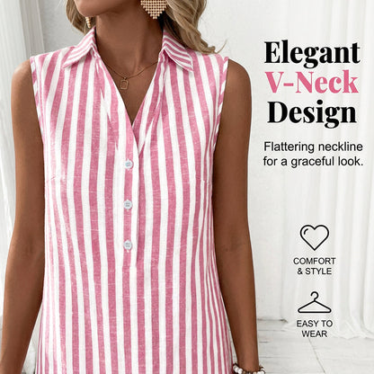 Ærmeløs, stribet skjortekjole til kvinder med V-udskæring