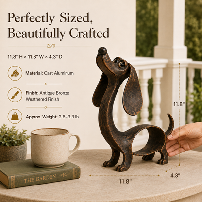 🐶✨ Antik bronze-dachshund-vedhæng — metalskulptur til hjemmet og haven
