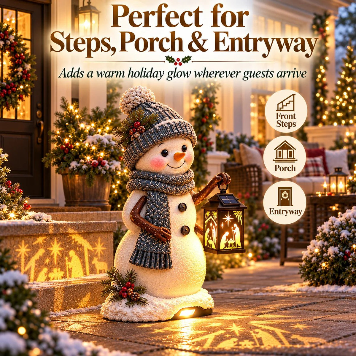 ⛄️🎄Snowman Nativity Glow™ – Solcelledrevet juletrappelygte med projektion af den hellige familie🌙