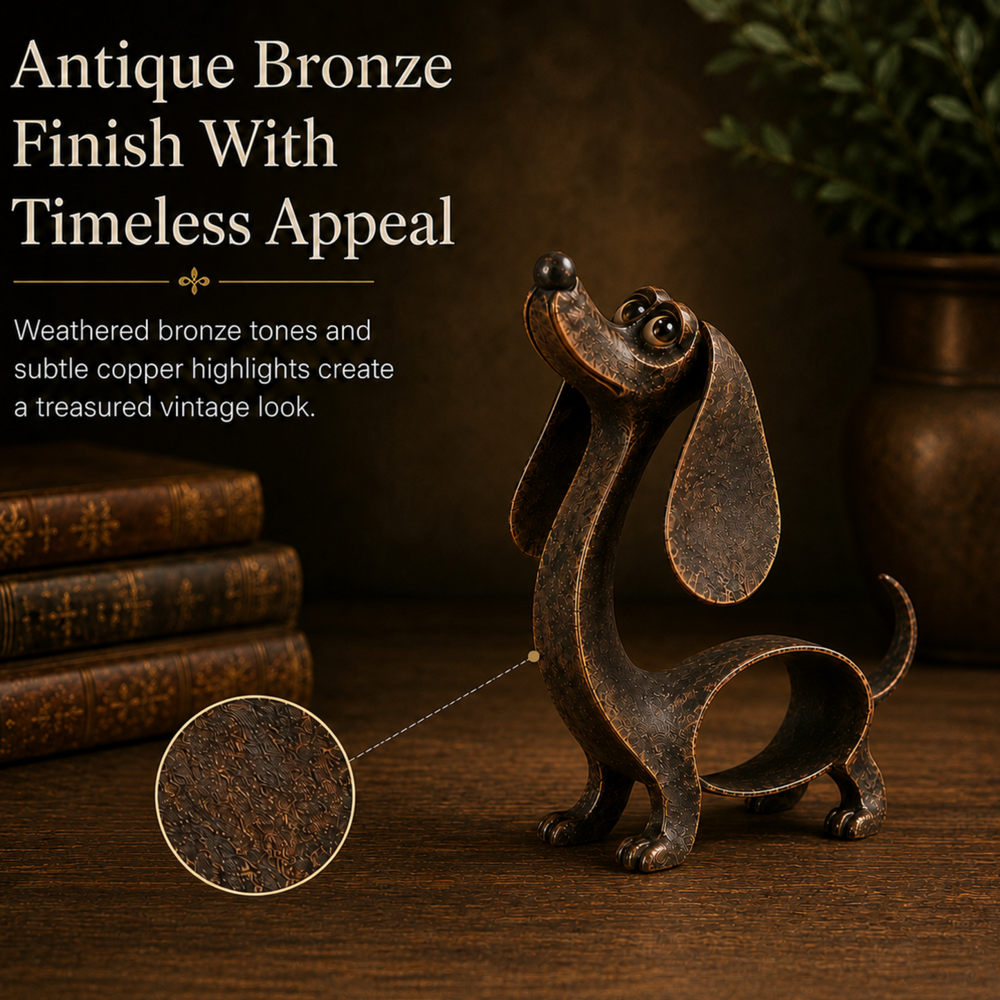 🐶✨ Antik bronze-dachshund-vedhæng — metalskulptur til hjemmet og haven