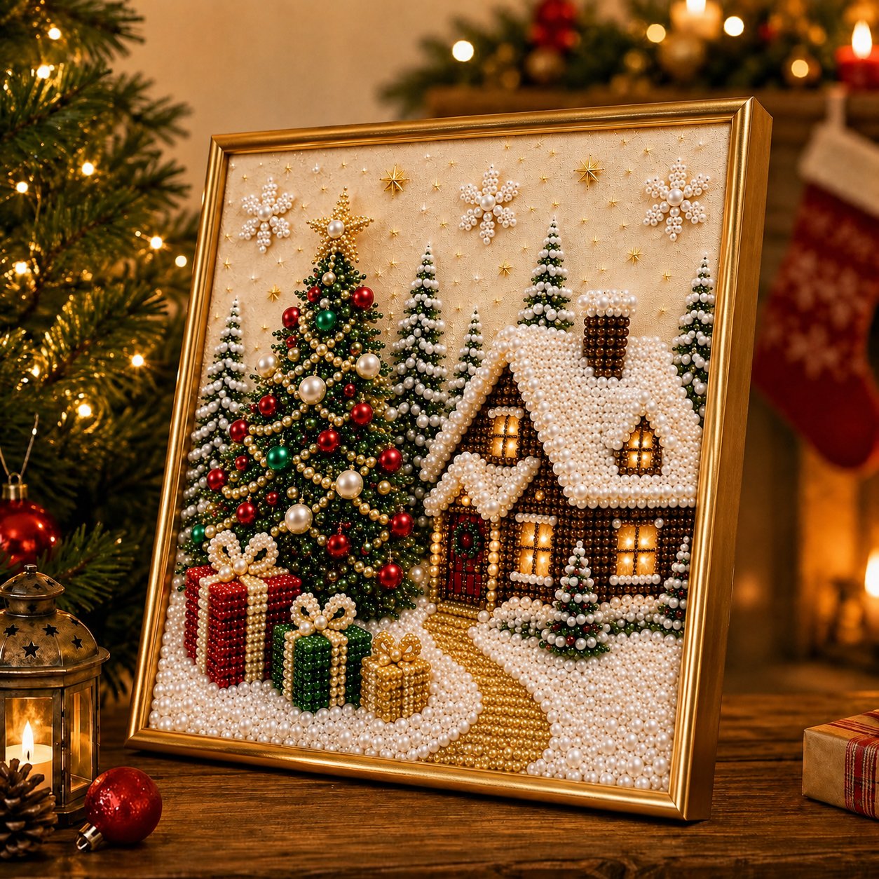 🎄🎅 Premium 3D-perle-julevægdekorationssæt | Luksuriøst flokket lærred med ridsefaste, farveægte perler – DIY-julepynt ⛄️❄️