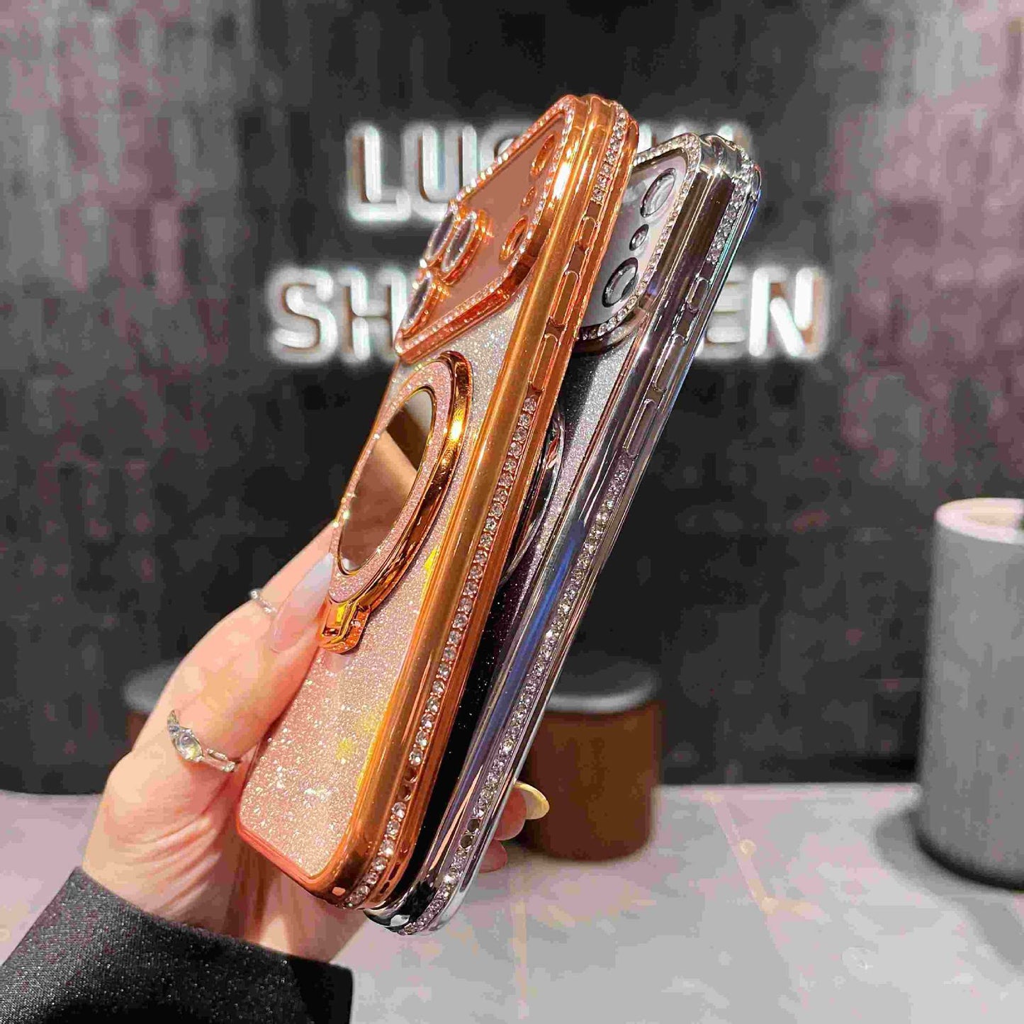 📲✨Gradient Glitter Holder Makeup Mirror Beskyttende etu