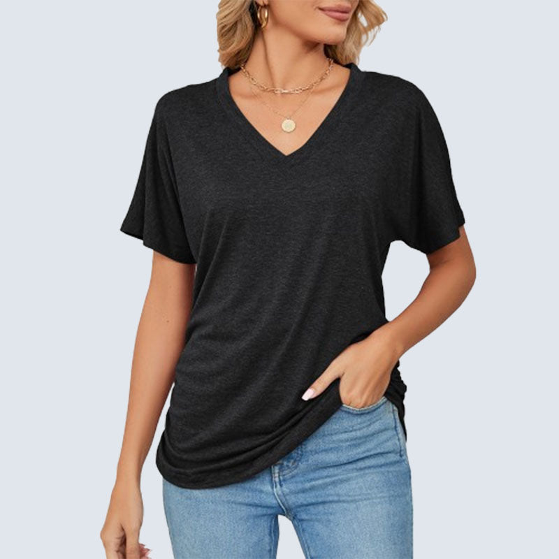 Sommerfarvet V-hals løs t-shirt til kvinder