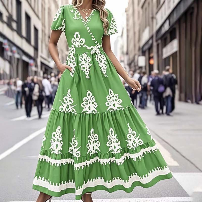 Boho-maxi-kjole md flæser og lommer – V-hals, smocket talje og lagdelt nederdel