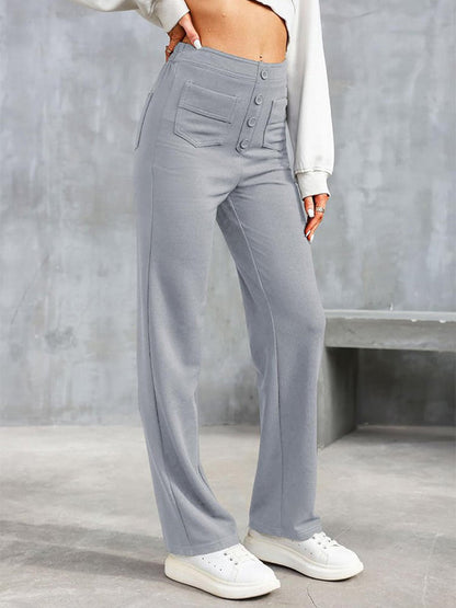 ⏳Solid color casual straight multi-pocket high elastic pants