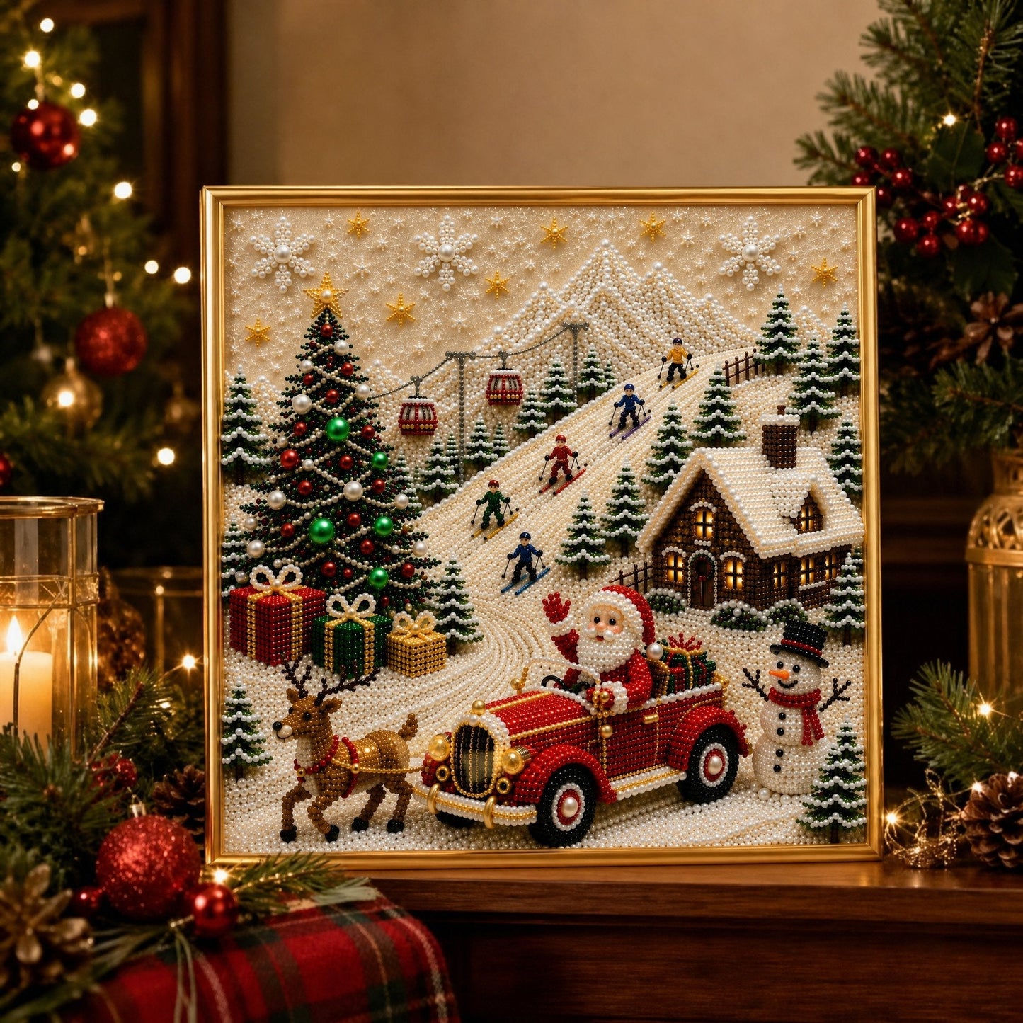 🎄🎅 Premium 3D-perle-julevægdekorationssæt | Luksuriøst flokket lærred med ridsefaste, farveægte perler – DIY-julepynt ⛄️❄️