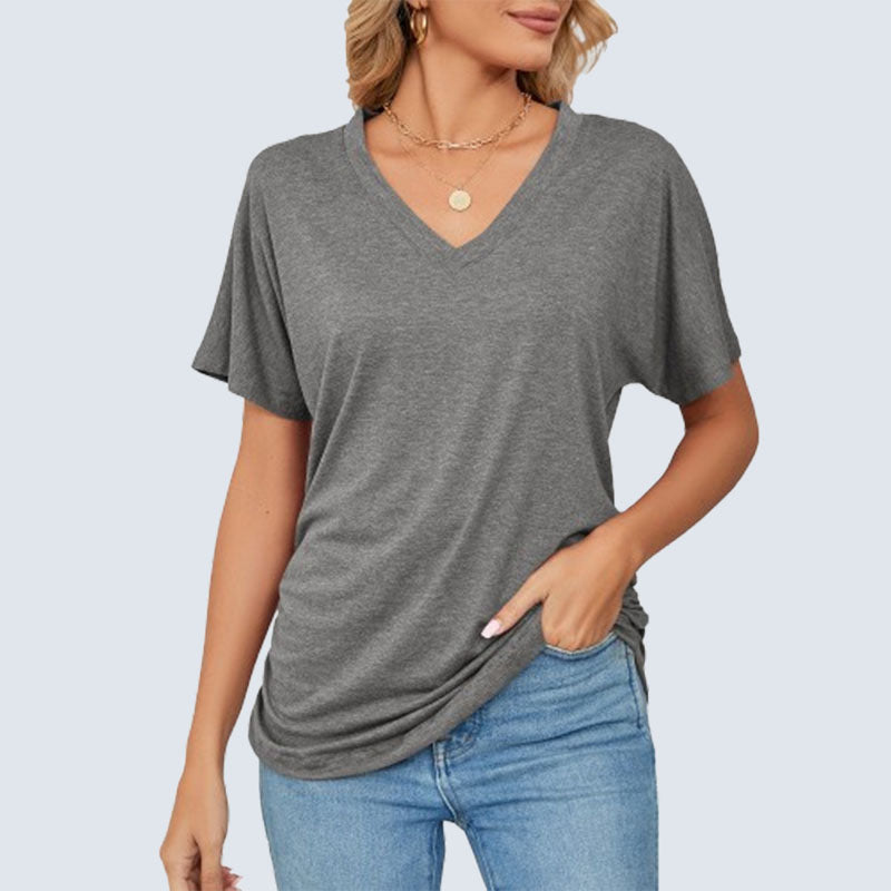Sommerfarvet V-hals løs t-shirt til kvinder