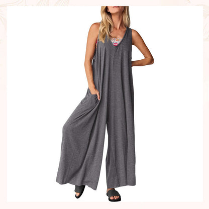 Jumpsuit til kvinder med V-hals og ærmer og brede ben