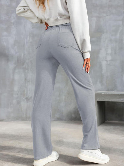 ⏳Solid color casual straight multi-pocket high elastic pants