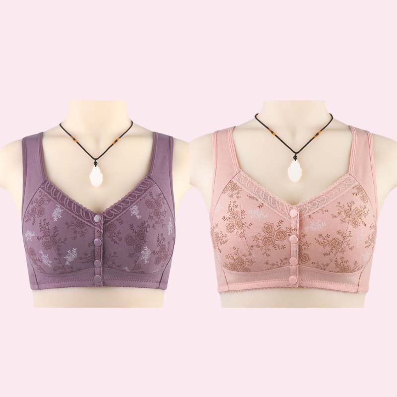 Køb en og få en gratis (2 stk)🎁🌸Blød bomulds-bh med frontprint, stor størrelse, bøjle