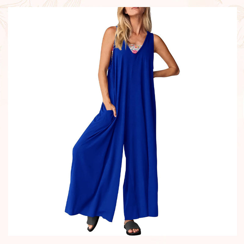 Jumpsuit til kvinder med V-hals og ærmer og brede ben