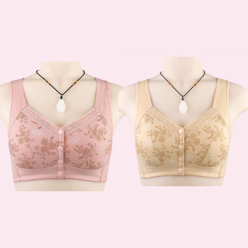 Køb en og få en gratis (2 stk)🎁🌸Blød bomulds-bh med frontprint, stor størrelse, bøjle