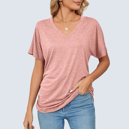 Sommerfarvet V-hals løs t-shirt til kvinder