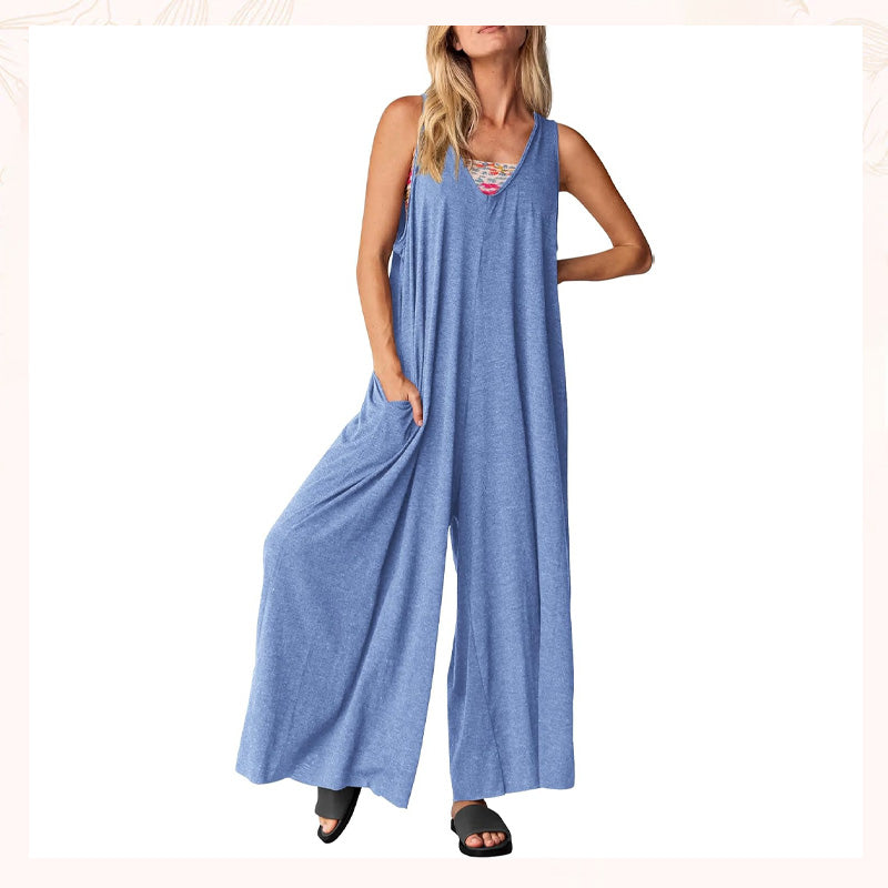 Jumpsuit til kvinder med V-hals og ærmer og brede ben