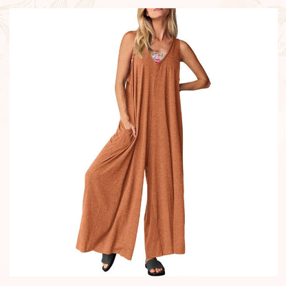 Jumpsuit til kvinder med V-hals og ærmer og brede ben