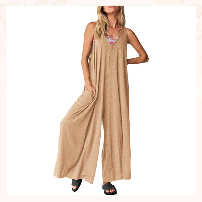 Jumpsuit til kvinder med V-hals og ærmer og brede ben