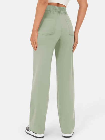 ⏳Solid color casual straight multi-pocket high elastic pants