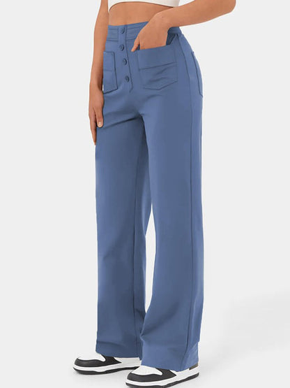 ⏳Solid color casual straight multi-pocket high elastic pants