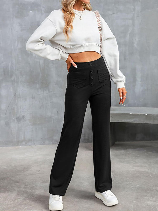 ⏳Solid color casual straight multi-pocket high elastic pants