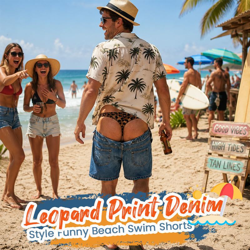 Sjove badebukser i leopardmønster, der ligner denim | Originale strandbukser med illusionseffekt