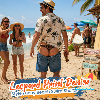 Sjove badebukser i leopardmønster, der ligner denim | Originale strandbukser med illusionseffekt