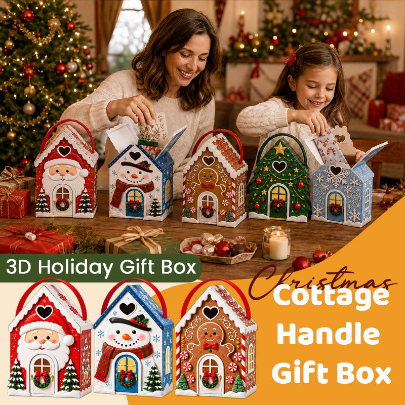 Gaveæske med »Christmas Cottage«-håndtag – 3D-gaveæske til julekonfekt og småkager