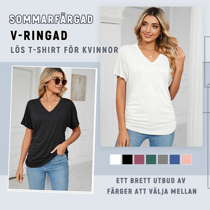 Sommerfarvet V-hals løs t-shirt til kvinder