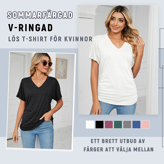 Sommerfarvet V-hals løs t-shirt til kvinder