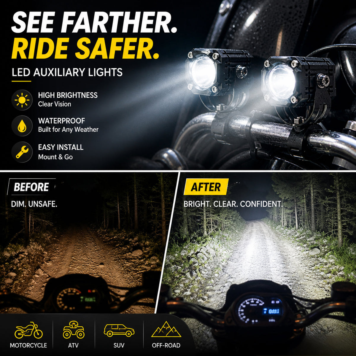 🎉 Udsalg 2026 — Over 40.000 solgt! 🏍️ Universelle LED-spotlights til motorcykler – dobbeltstråle og vandtætte til alle vejrforhold 💡