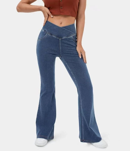 LAST DAY SALE 49% OFF🔥Høj talje med krydsede lommer Stretchy strikkede casual flare jeans