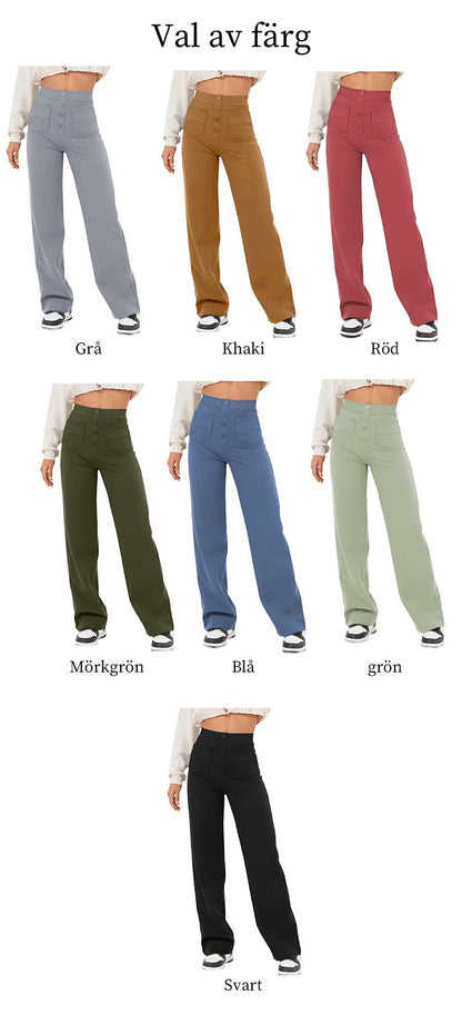 ⏳Solid color casual straight multi-pocket high elastic pants