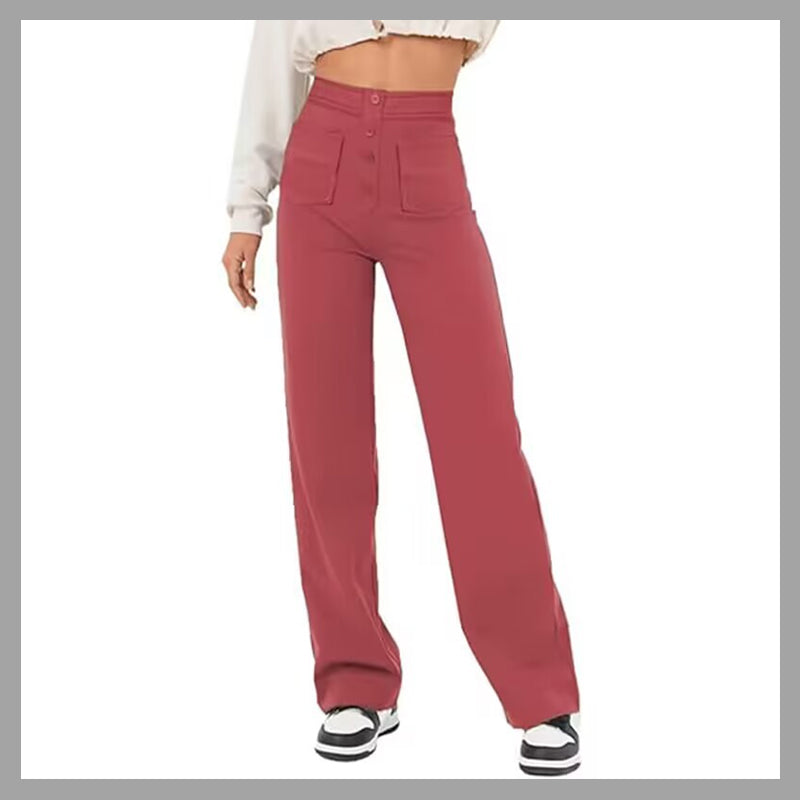 ⏳Solid color casual straight multi-pocket high elastic pants